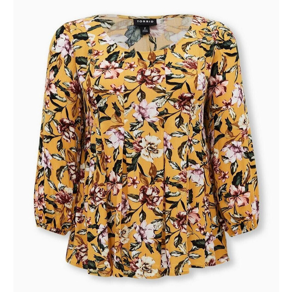Torrid 3 Yellow‎ Floral Fit And Flare Crinkle Gauze Top Womens Plus - Picture 1 of 6